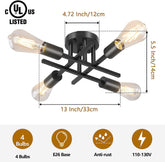 Black ceiling light fixture with dimensions and features listed on a white background